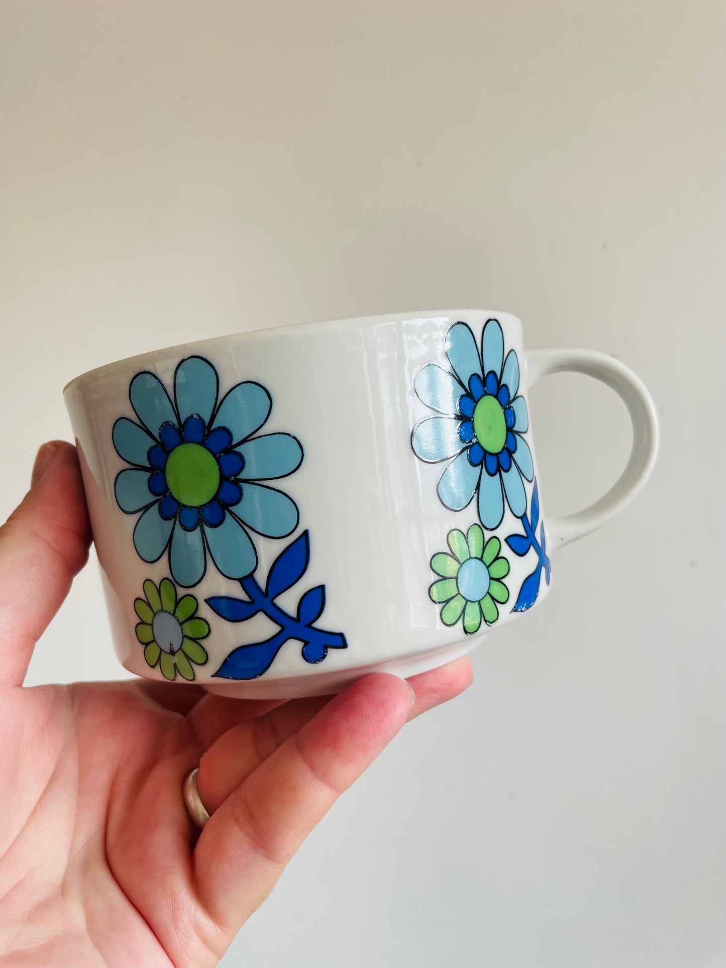 Groovy Soup Bowl with Handle & Blue & Green Flower Power Design - Would Also Make a Great Planter - Made in Japan
