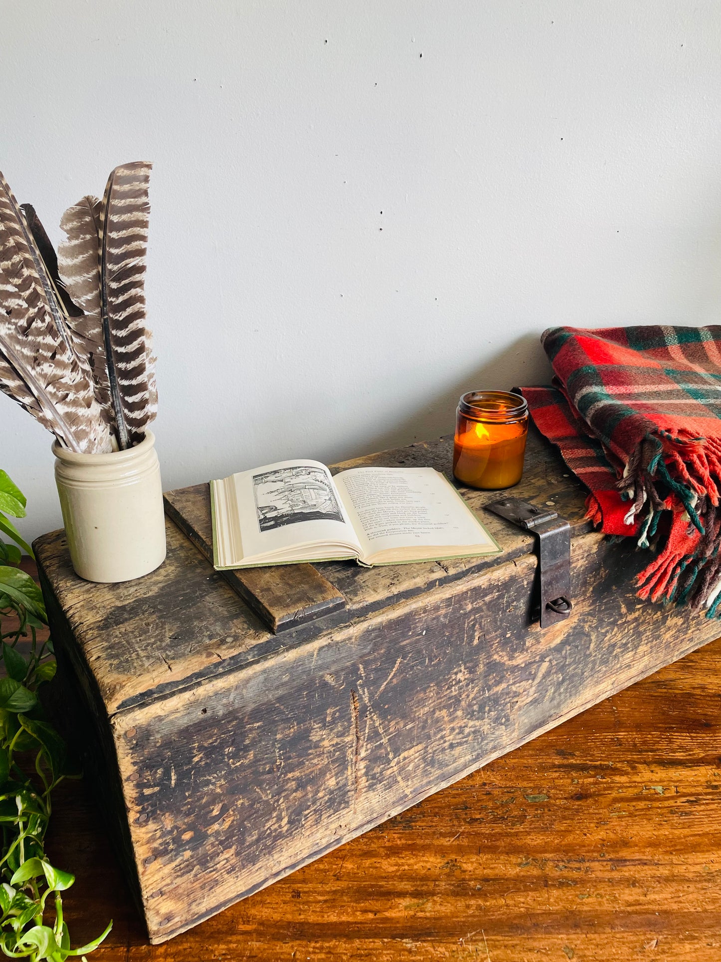 Vintage Solid & Rustic Wood Box Trunk with Beautiful Aged Patina, Metal Latch to Close, Hinged Lid & Leather Handles - Great Indoor or Outdoor Porch Decor!