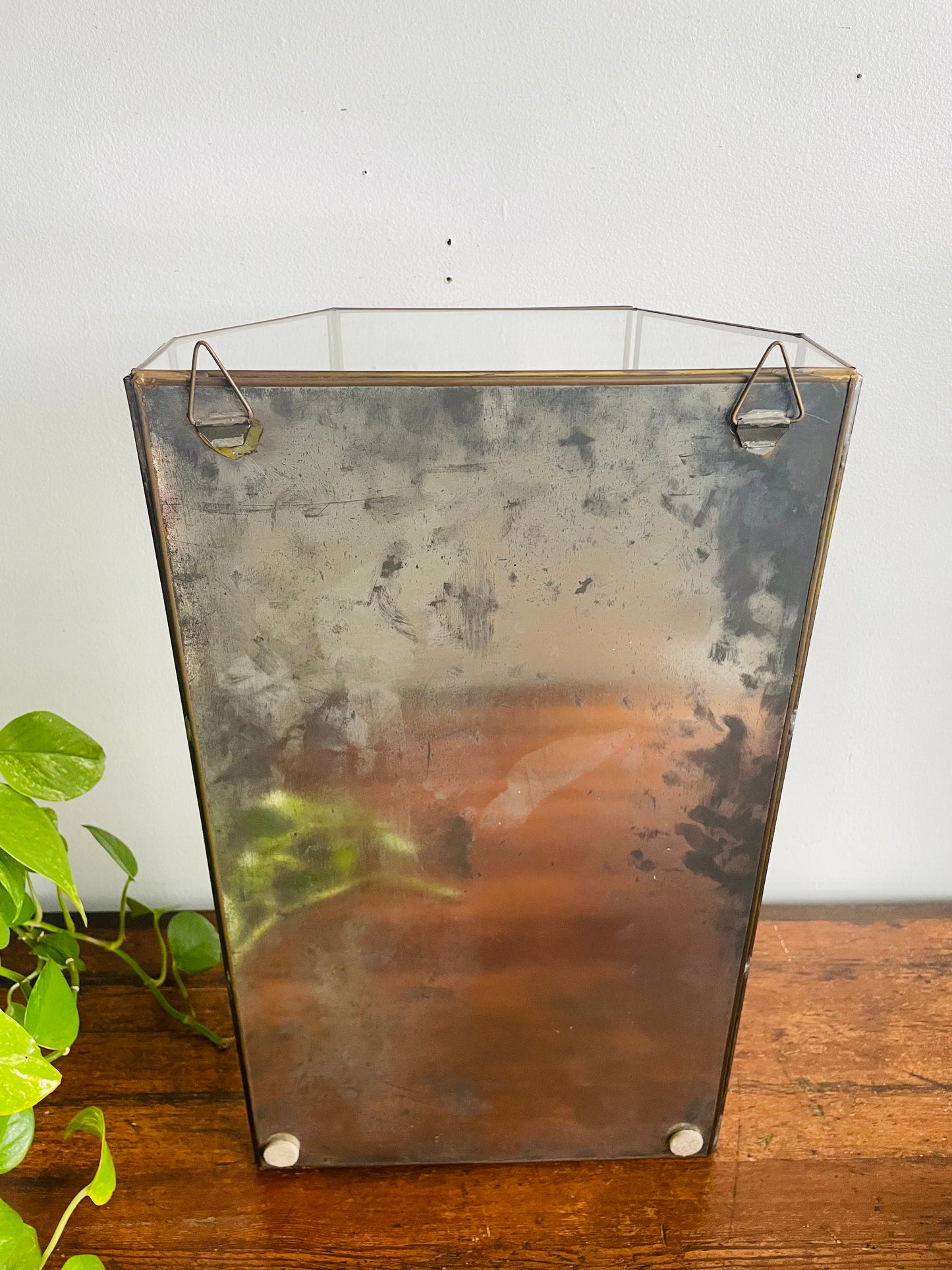 Vintage 19" Tall Brass & Mirrored Glass Curio Shelf Cabinet - Can Stand or Hang