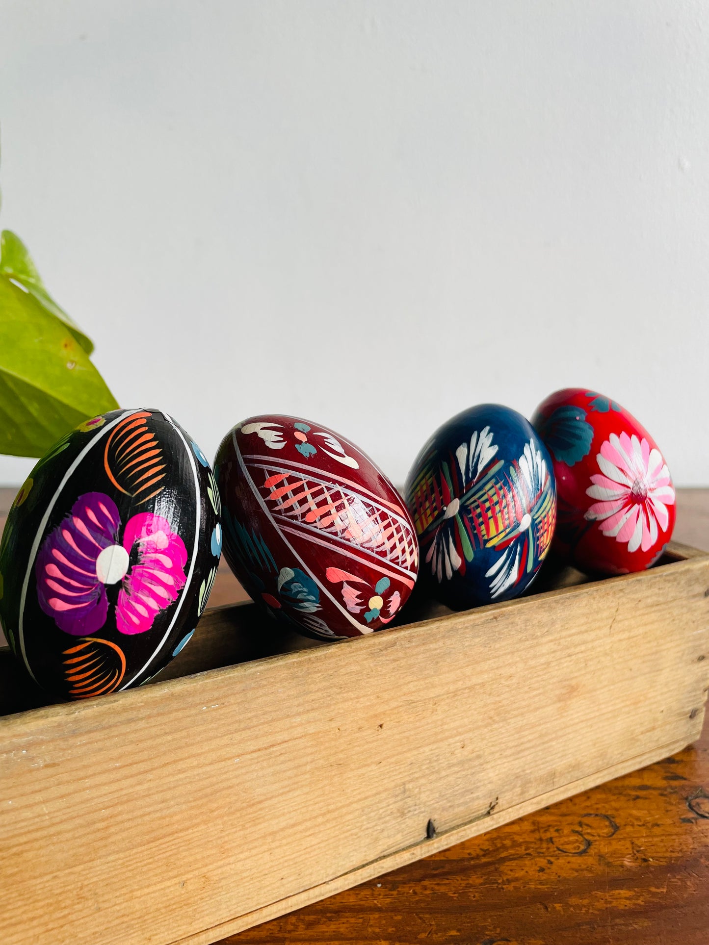 Hand Painted Wood Eggs with Various Designs - Set of 4