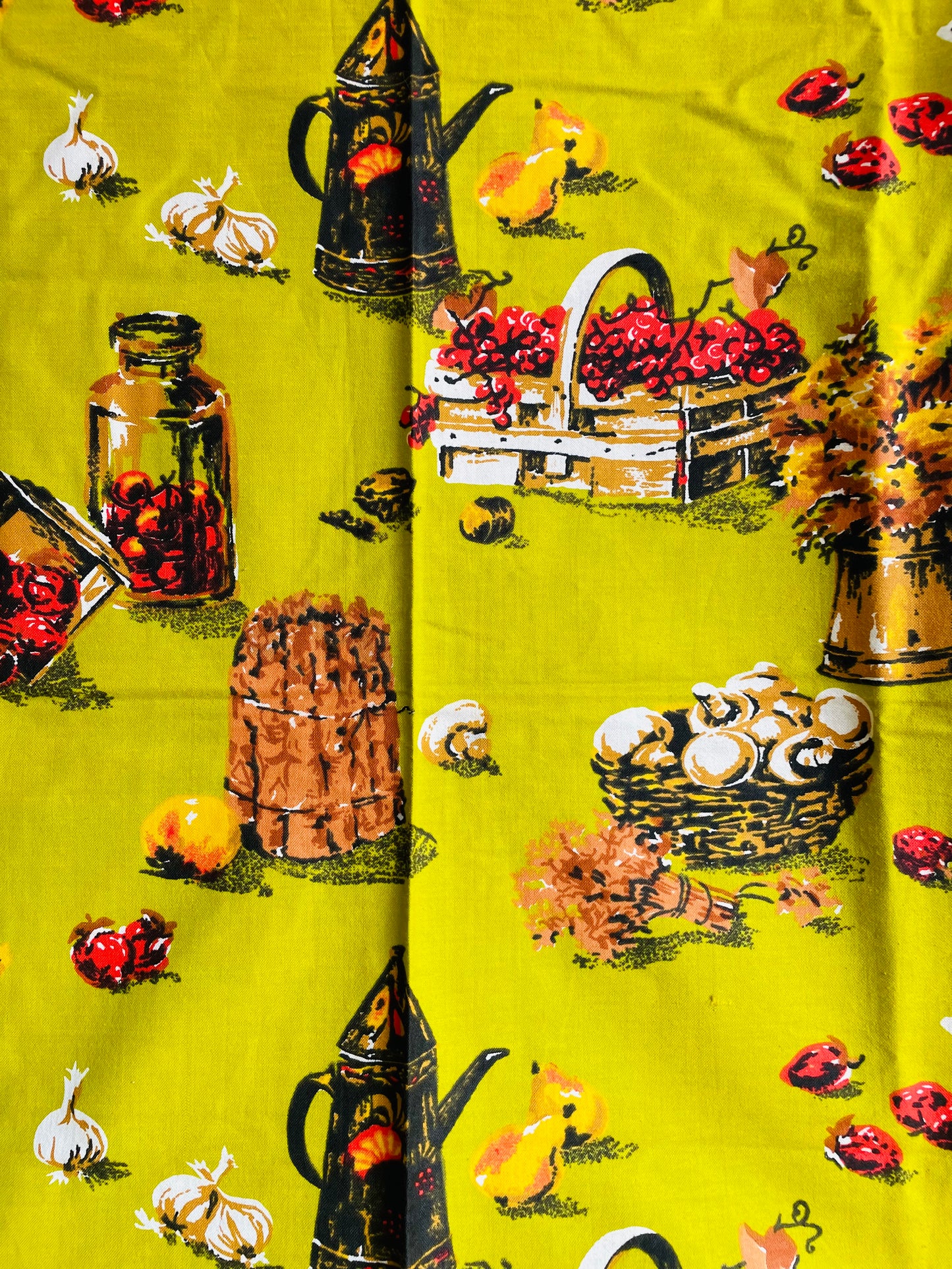Bright Chartreuse Coloured Fabric with Fun Vegetable, Fruit, & Flower Harvest Design