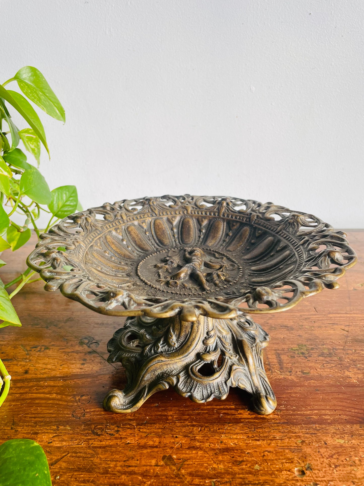 Vintage Heavy Brass Pedestal Bowl with Cherub - Ornate Scroll Filigree Design - Italian Style