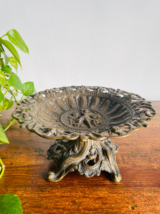 Vintage Heavy Brass Pedestal Bowl with Cherub - Ornate Scroll Filigree Design - Italian Style