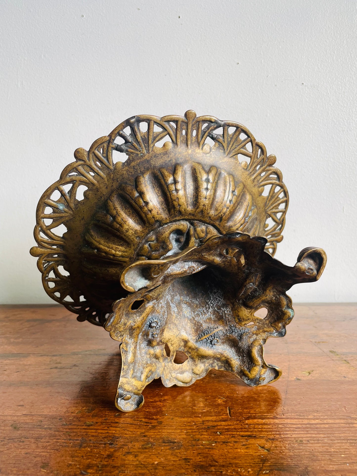Vintage Heavy Brass Pedestal Bowl with Cherub - Ornate Scroll Filigree Design - Italian Style