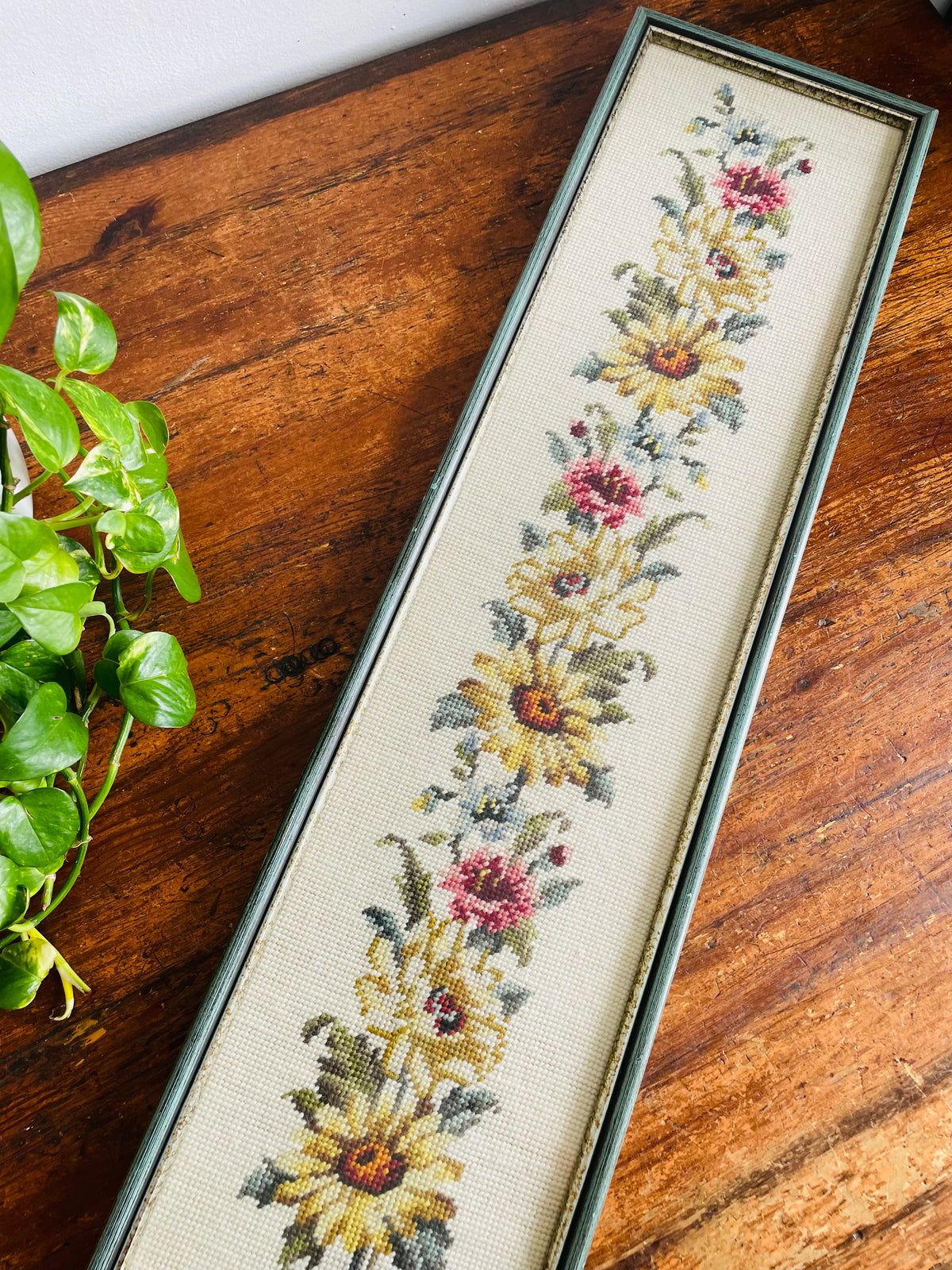 Vintage 2.5 Feet Long Needlepoint Embroidery Picture of Flowers - No Shipping