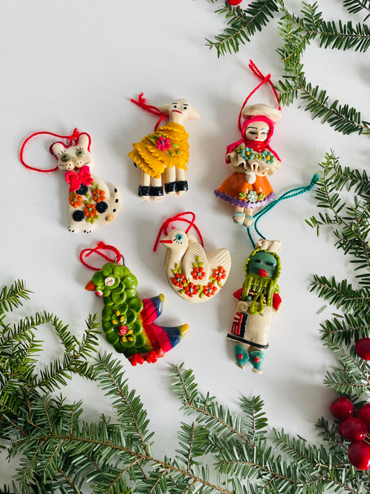 Handmade Salt Dough Folk Ornaments - People, Cat, Dove, Sheep, Parrot - Set of 6