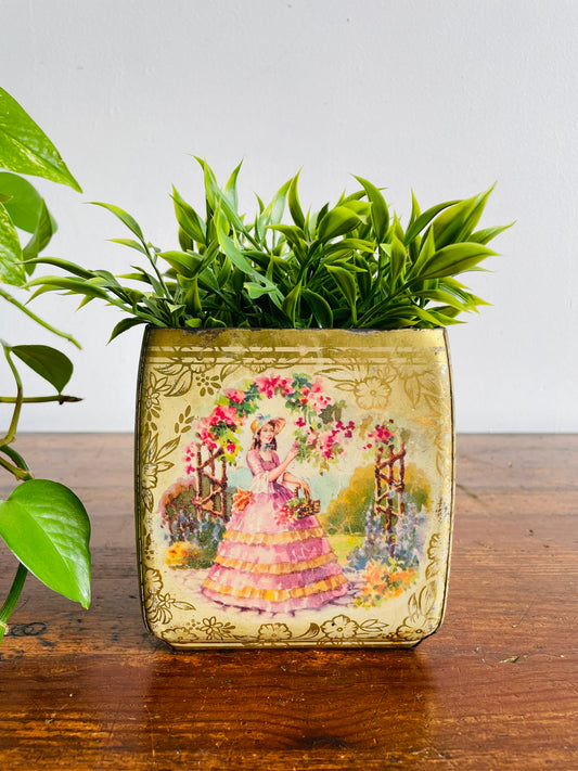 Pretty Toffee Candy Tin with Lady in Crinoline Dress - Made in England - Makes a Great Plant Pot or Utensil Caddy!