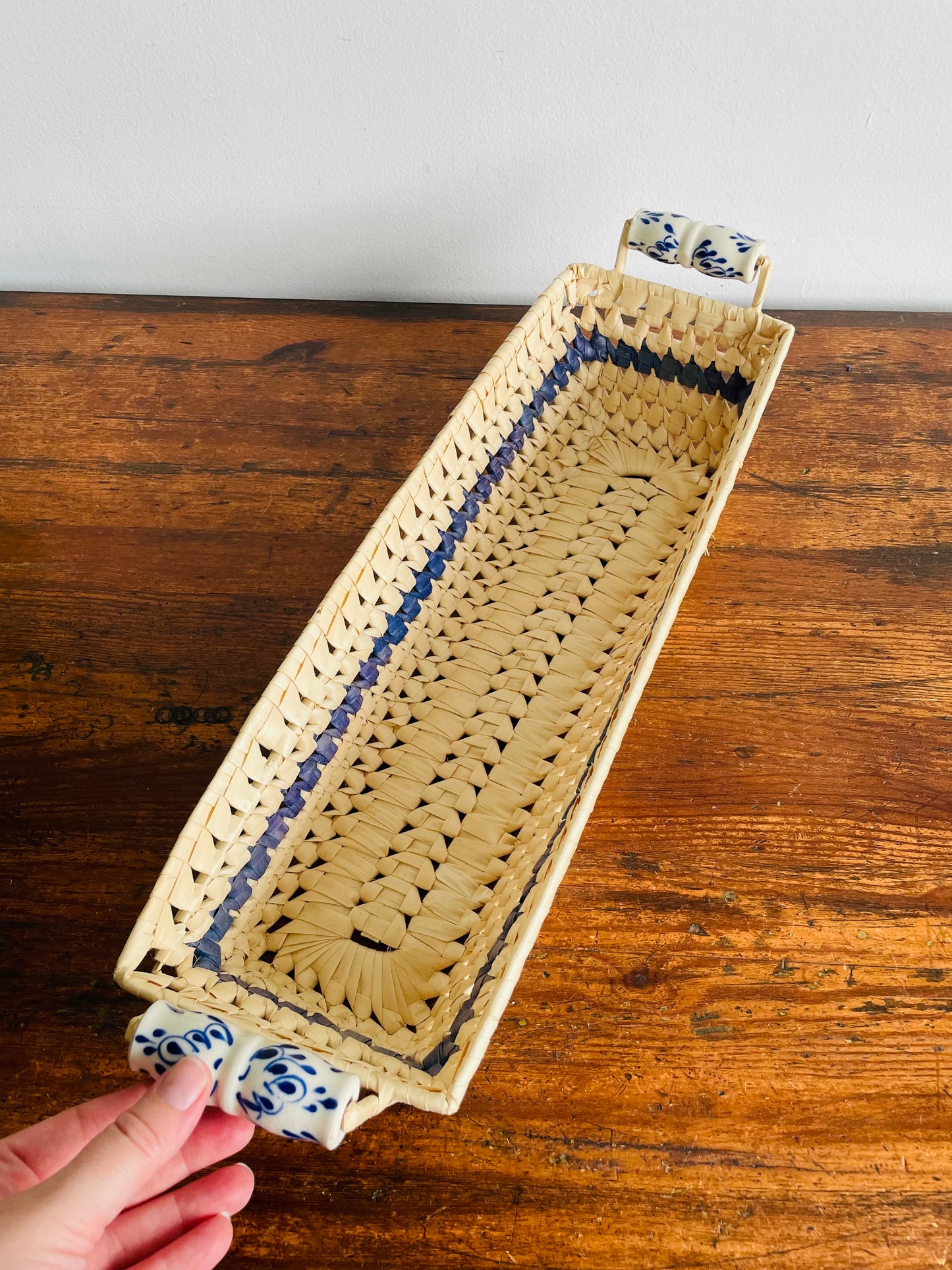 Light Woven Basket with Blue Stripe & Ceramic Handles