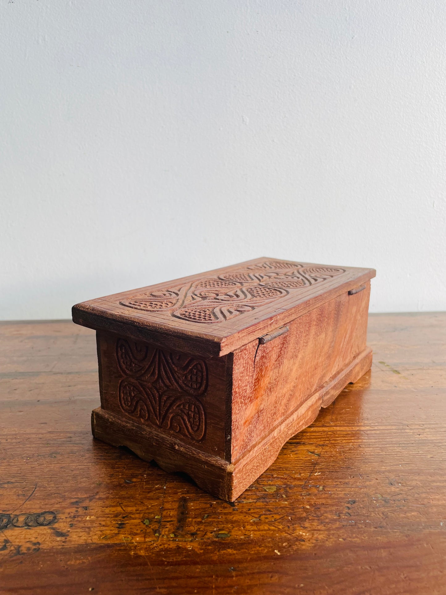 Sturdy Hand Carved Wooden Trinket Box with Interesting Design & Hinged Lid