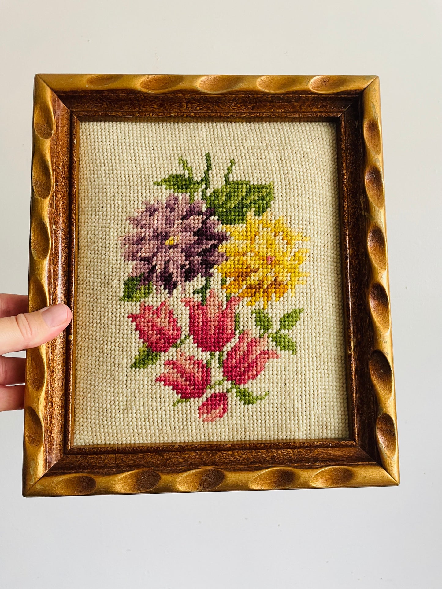 Vintage Floral Needlepoint Embroidery Pictures in Thick Gold Wood Frames - Set of 2
