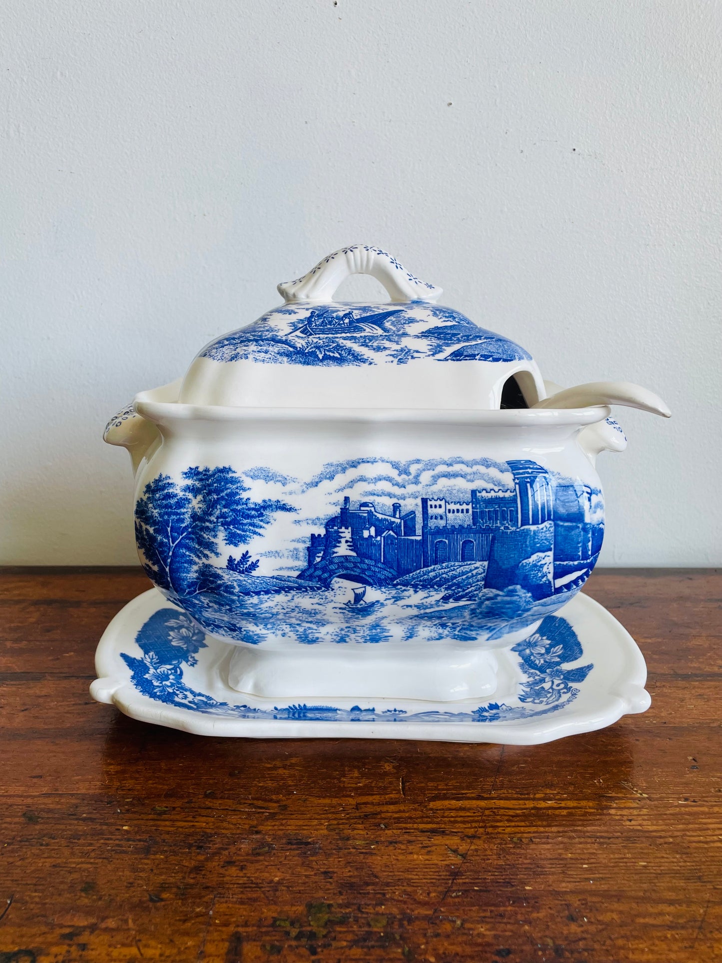 Vintage Large Blue & White Transferware Soup Tureen with Tray, Lid & Ladle with River Castle Scene - 4 Pieces