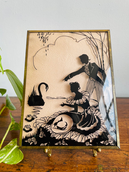 Reverse Painted Silhouette Picture on Convex Bubble Glass - Courting Couple by Pond with Swan