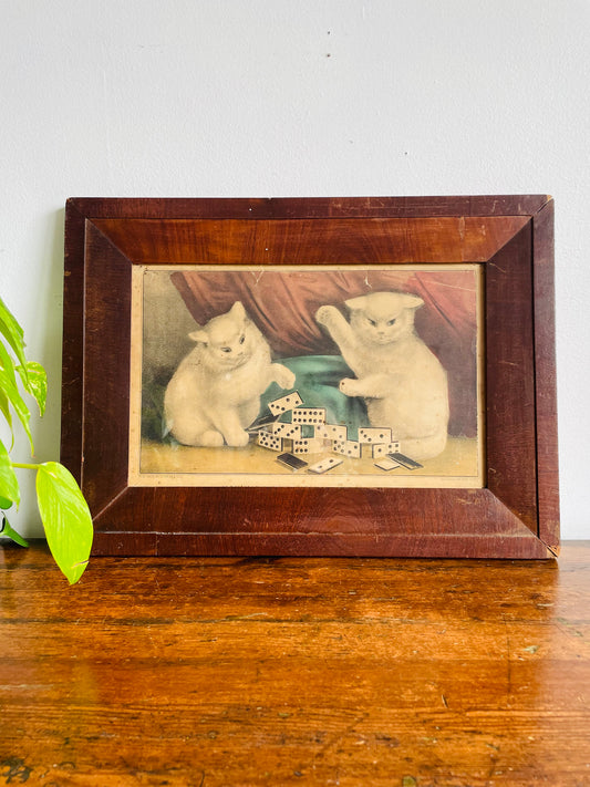 Antique Print Picture of Naughty Cats Knocking Over Dominoes - Currier & Ives 'My Little White Kitties - Playing Dominoes'