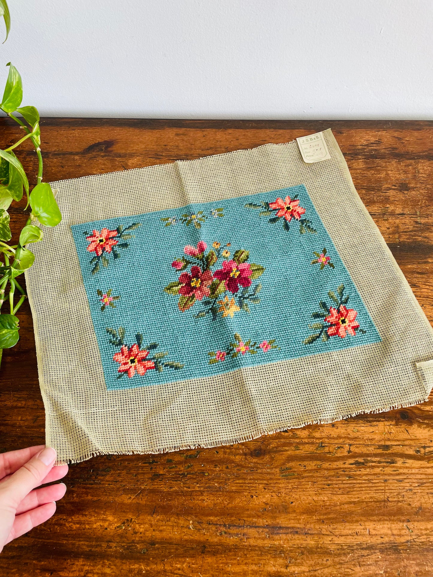 Blue Needlepoint Embroidery Panel of Flowers - J.S.B. & S. Made in Germany