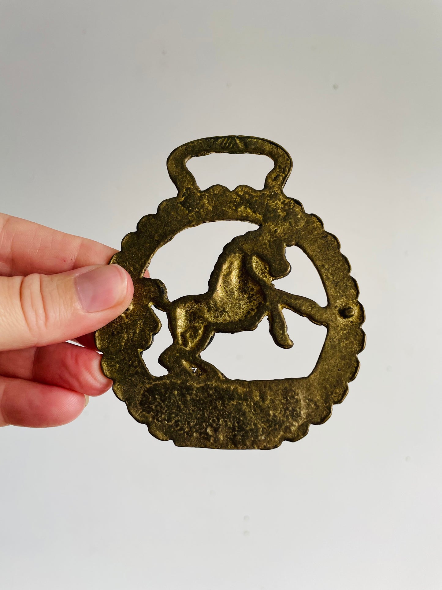 Vintage Horse Brass Medallion Hanging Wall Decor with Jumping Horse
