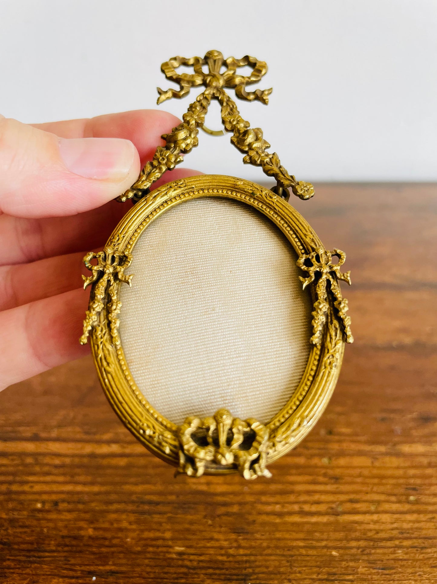 Antique Miniature Hanging Oval Brass Picture Frame with Ornate Bows, Ribbons & Flowers
