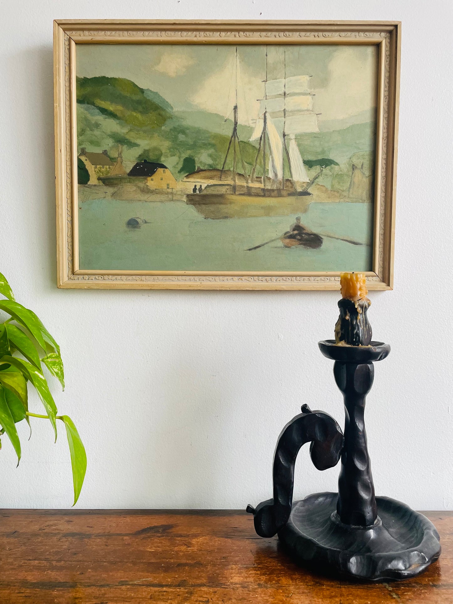 Large Wood Brutalist Spanish Revival Gothic Castlecore Style Chamberstick Candle Holder with Dripping Candle