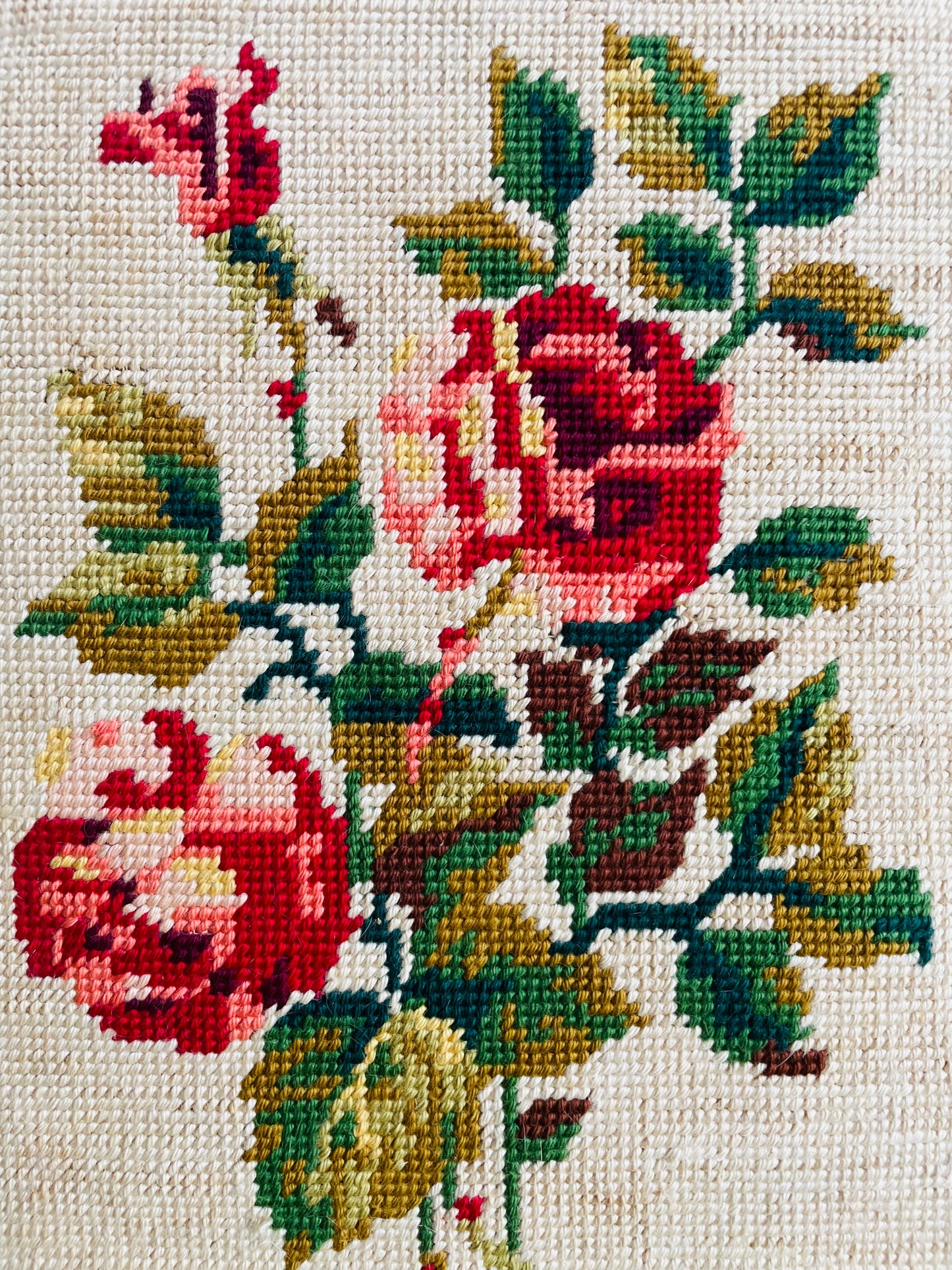 Rose Flowers Embroidery Picture in Gold Bamboo-Style Frame