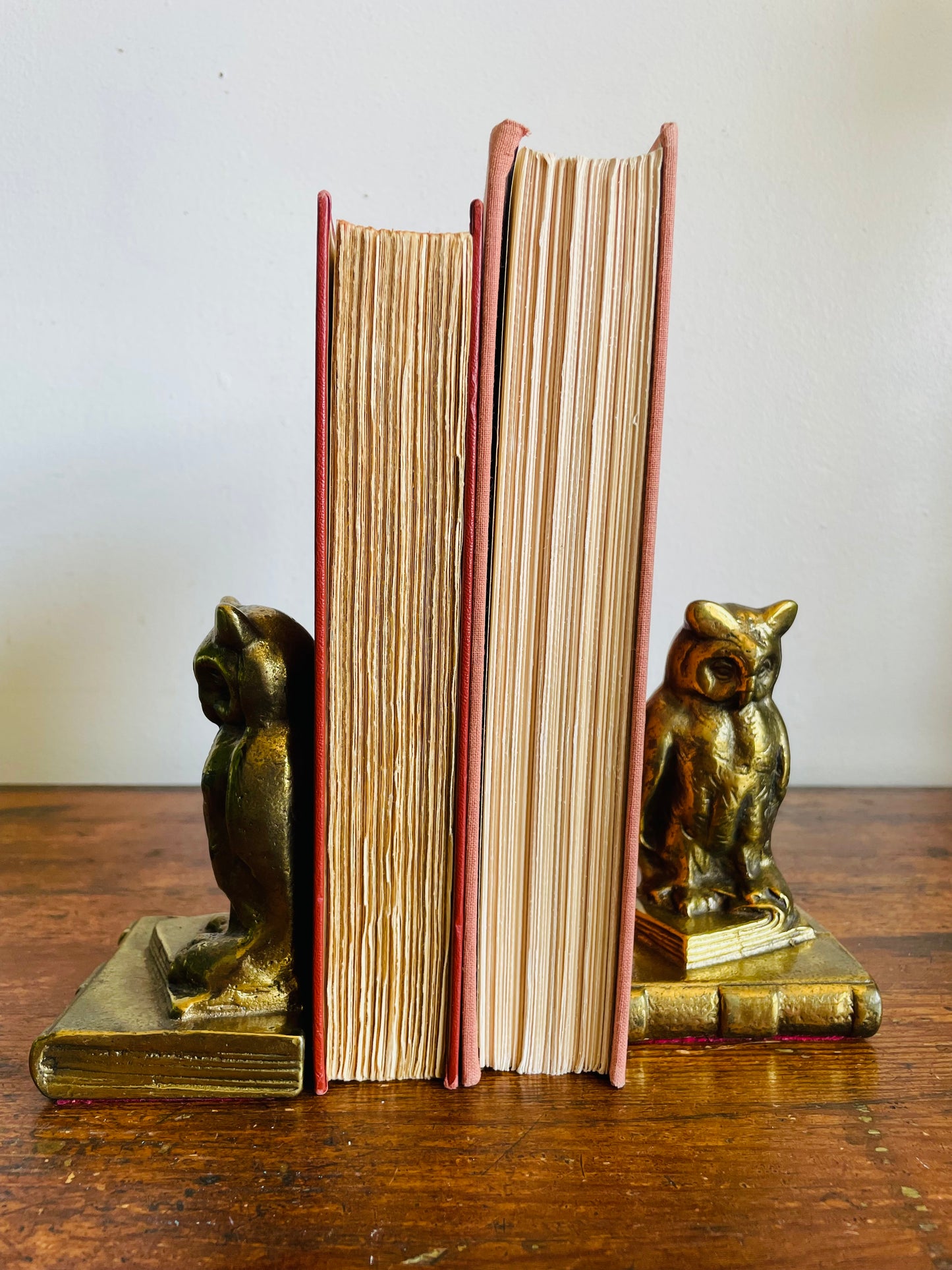 Vintage Solid & Heavy Brass Wise Owls on Stack of Books Bookends - Set of 2