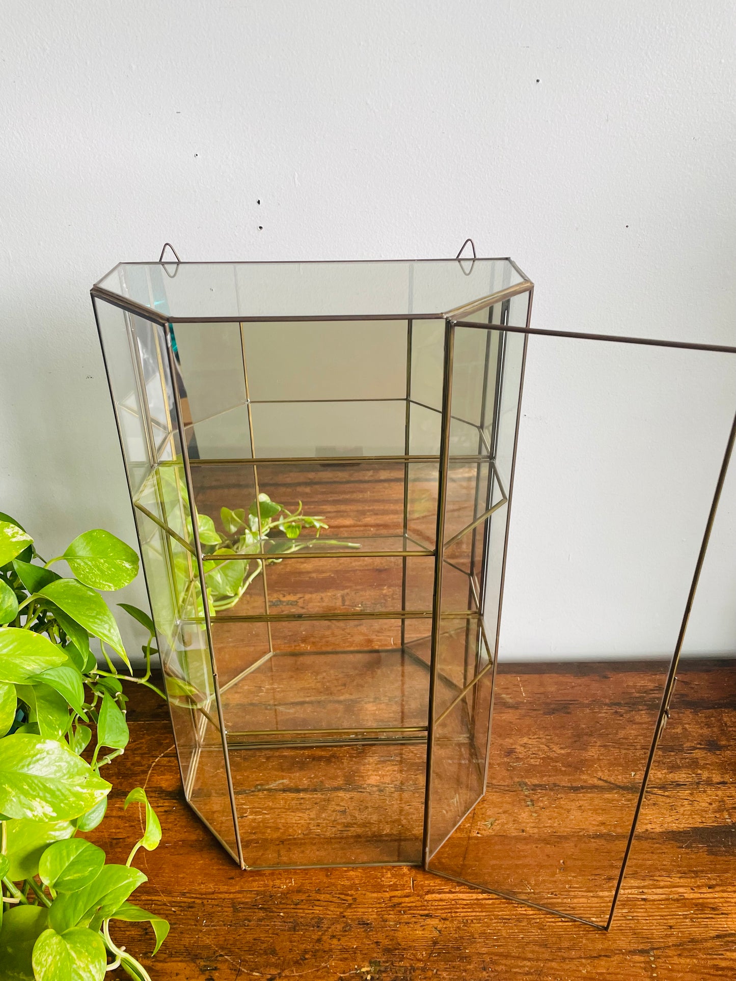 Vintage 19" Tall Brass & Mirrored Glass Curio Shelf Cabinet - Can Stand or Hang