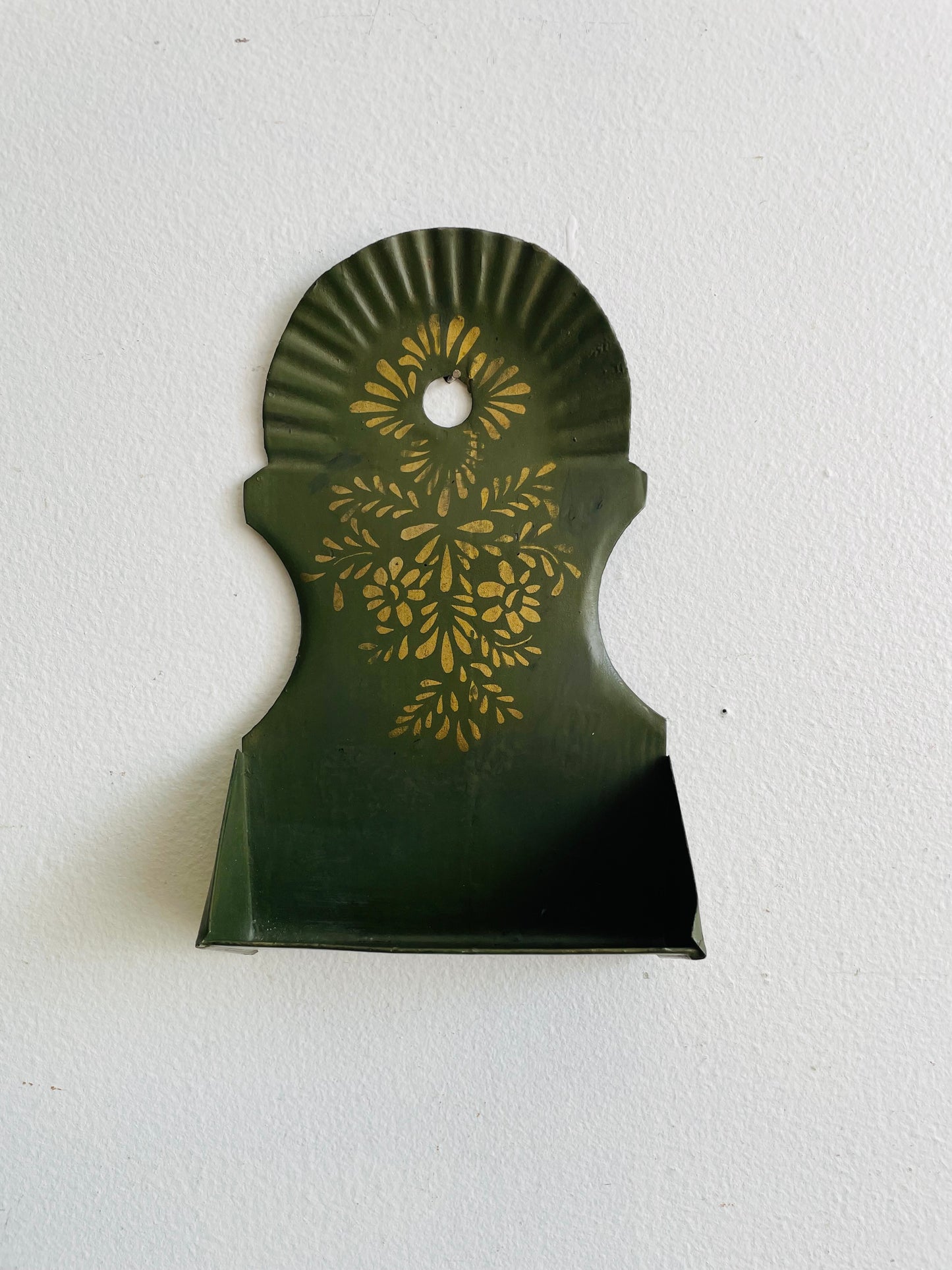 Antique 1880 Green Tin Toleware Match Safe - Wall Hanging Holder with Gold Flower Stencilled Design
