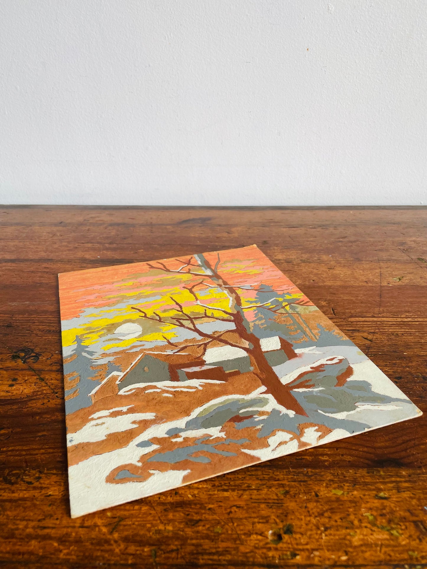 Vintage 1960s Paint by Number (PBN) Picture on Board of Sunrise or Sunset Over Cabin in Forest - 8" x 10"
