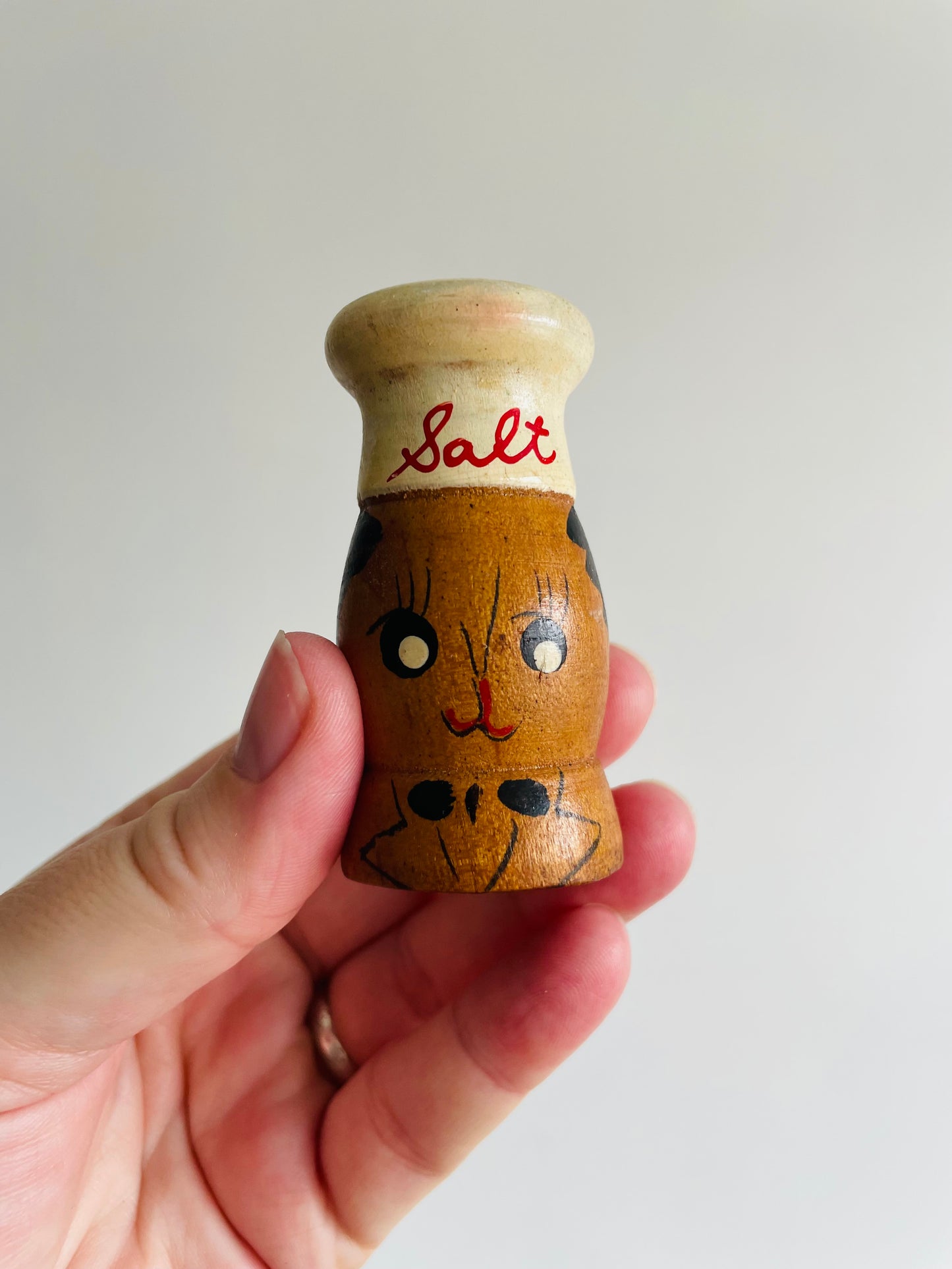 Adorable Wood Salt & Pepper Shakers with Hand Painted Faces