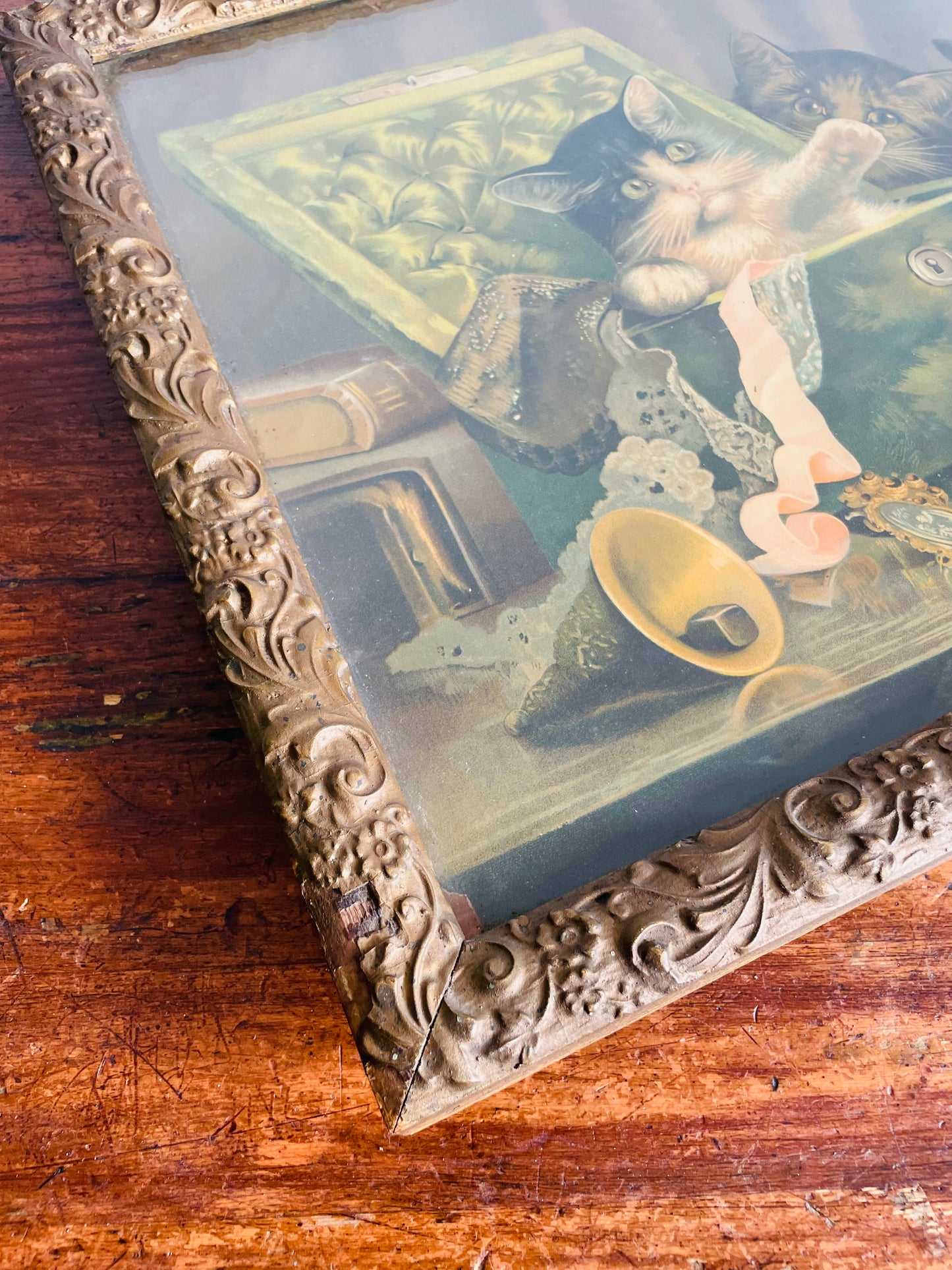Antique Print Picture of Three Cats Playing in Jewellery Box - Stunning Gold Frame with Ornate Flower & Leaf Design