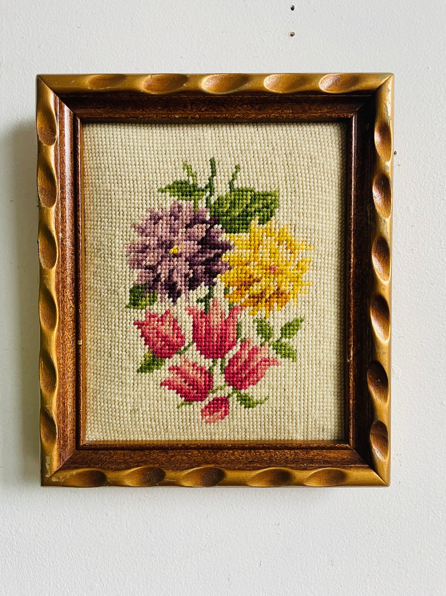 Vintage Floral Needlepoint Embroidery Pictures in Thick Gold Wood Frames - Set of 2