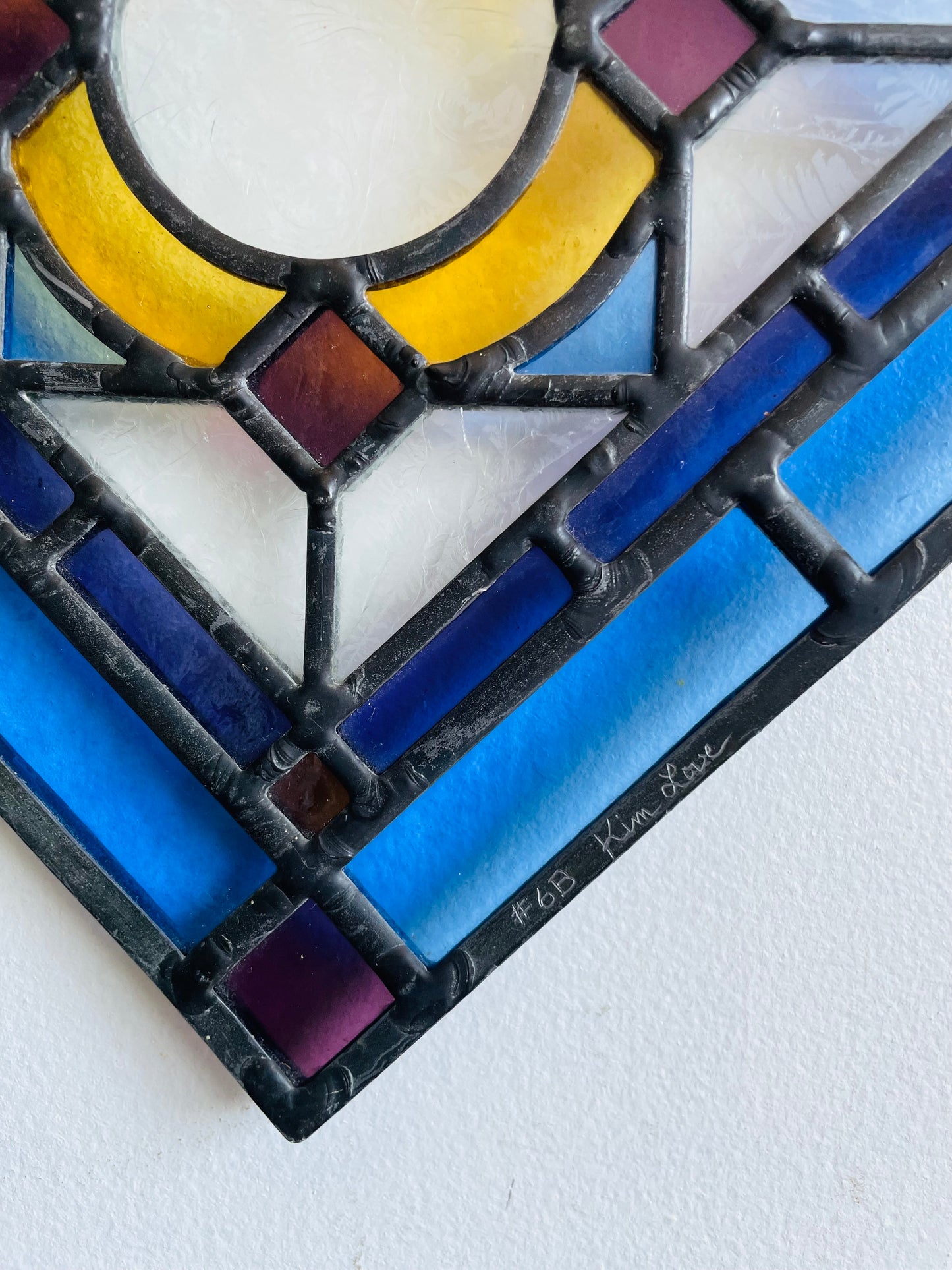 Vintage Hanging Blue, Purple & Yellow Stained Glass Suncatcher Window Decor