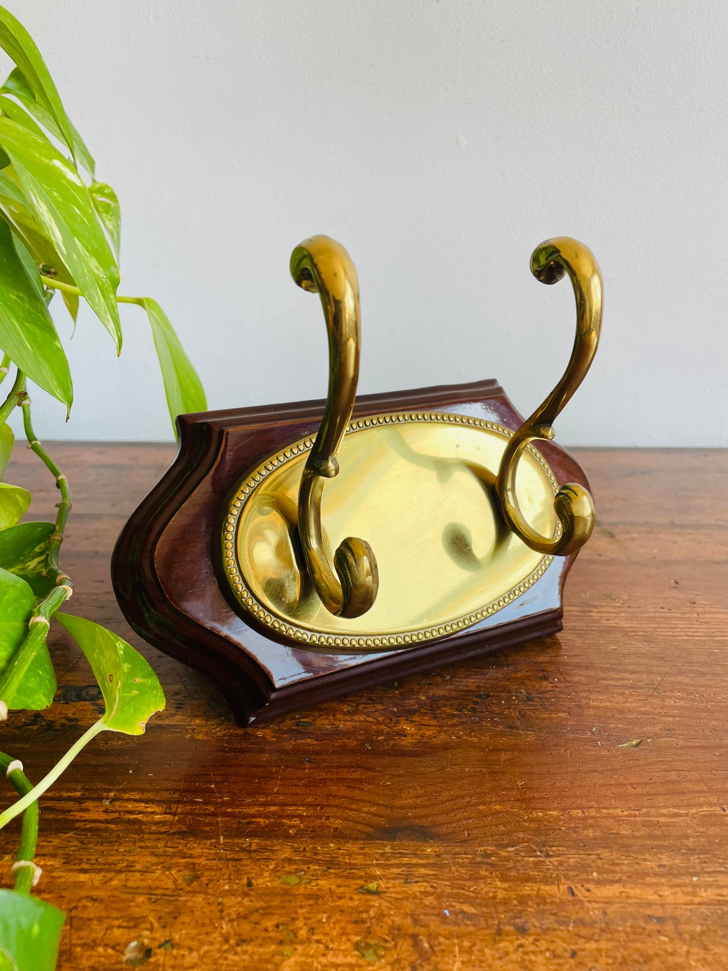1989 Wood & Brass Double Hook Wall Hanger - Made in Korea