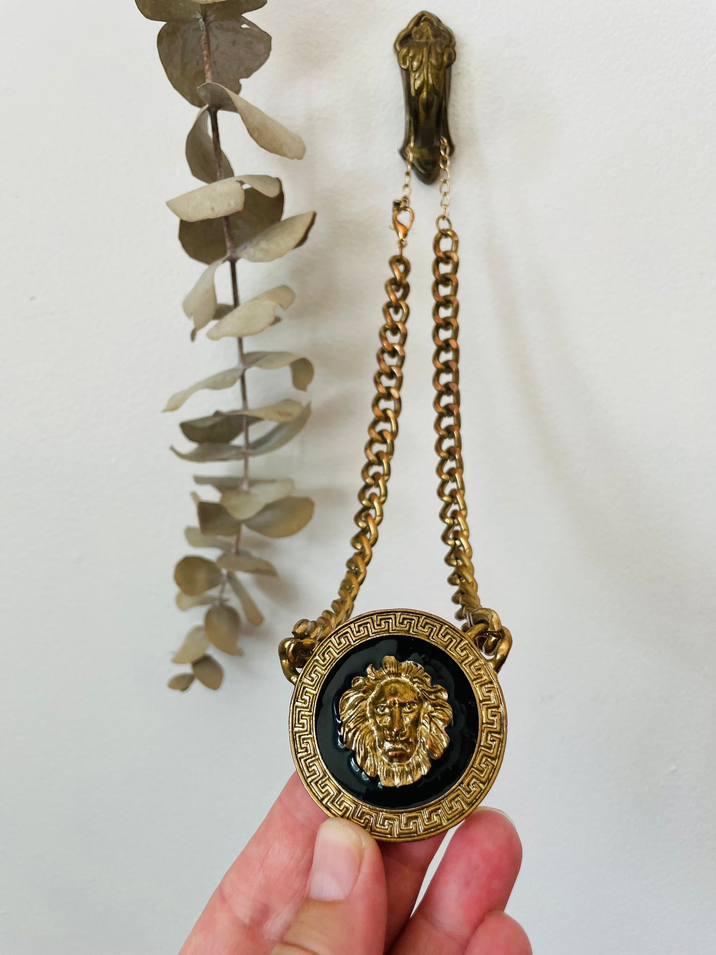 Brass & Enamel Lion Head Medusa Medallion Necklace on Heavy Chain - Big Cat Leo Astrology Jewellery