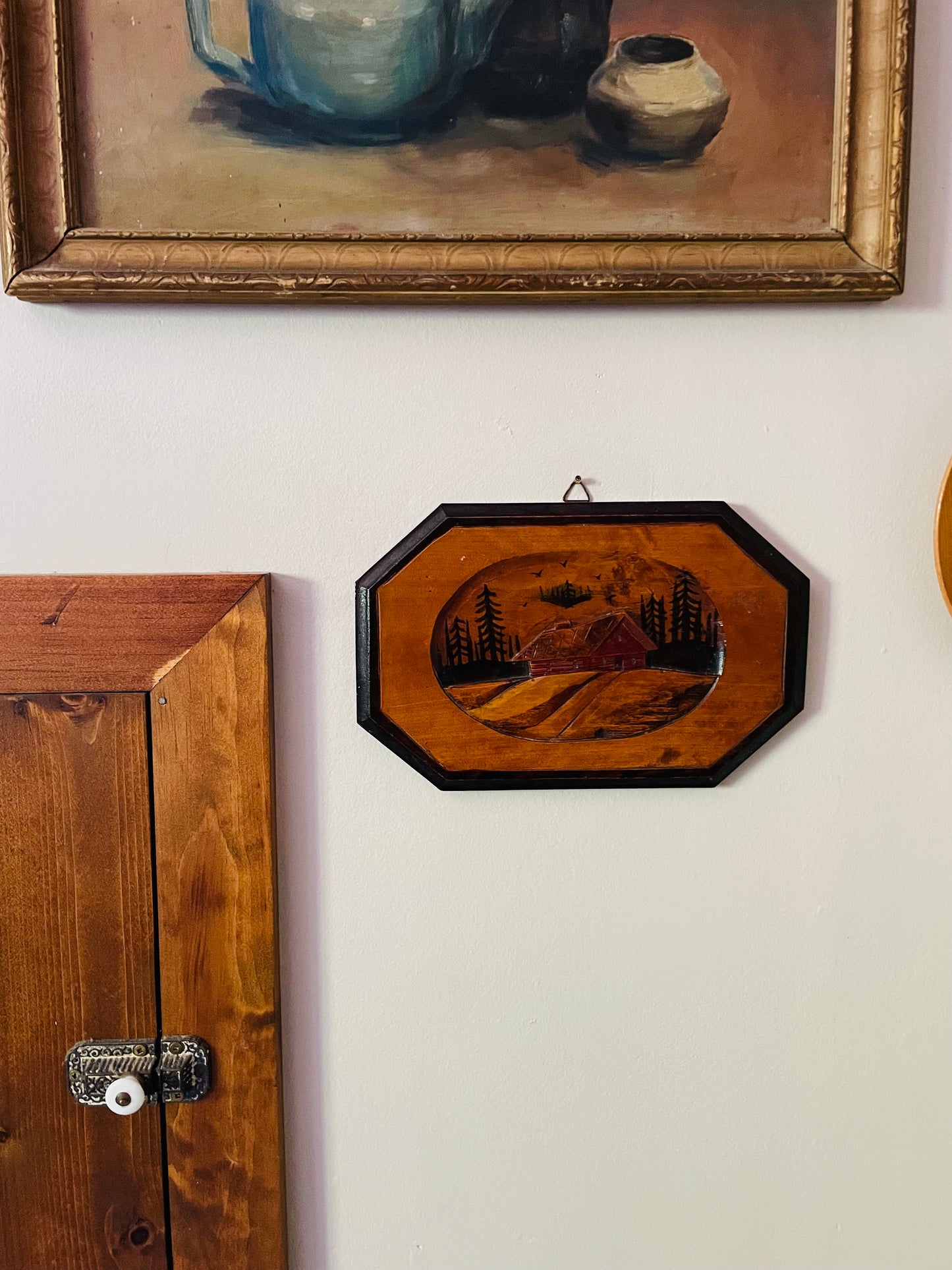 Red Cabin in Forest Picture - Carved from a Single Piece of Wood