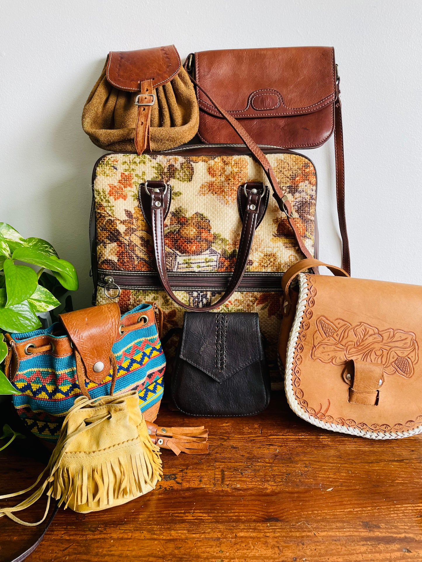 Tooled Leather & Brightly Woven Tapestry Fabric Purse