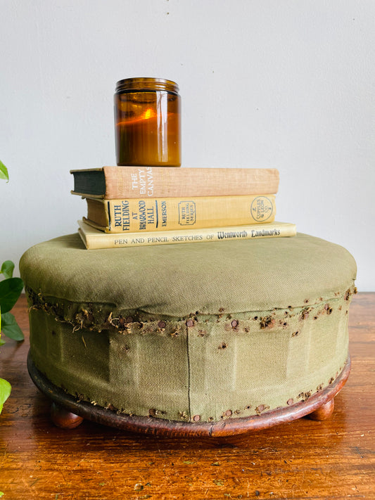Antique Round Green Straw Stuffed Footstool with Solid Wood Base & Knob Feet