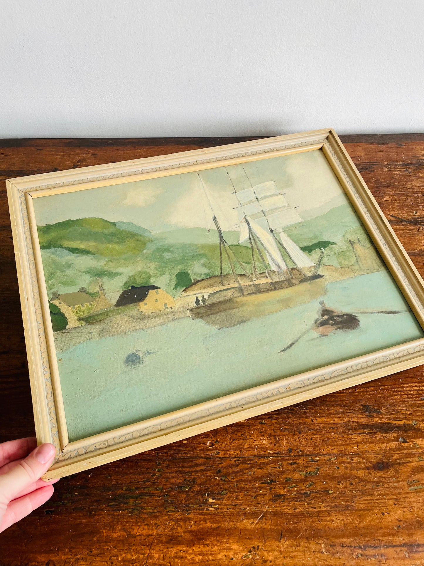 Original Art Painting Picture of Boats in Harbour with Green Rolling Hills in Background