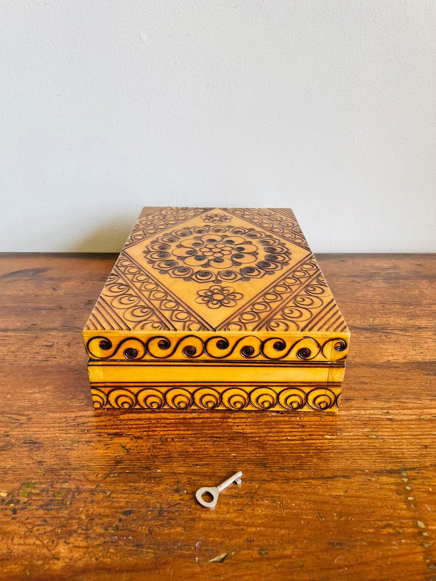 Vintage Polish Carved Wood & Pyrography Burned Folk Art Box - Has Hinged Lid & Skeleton Key to Lock
