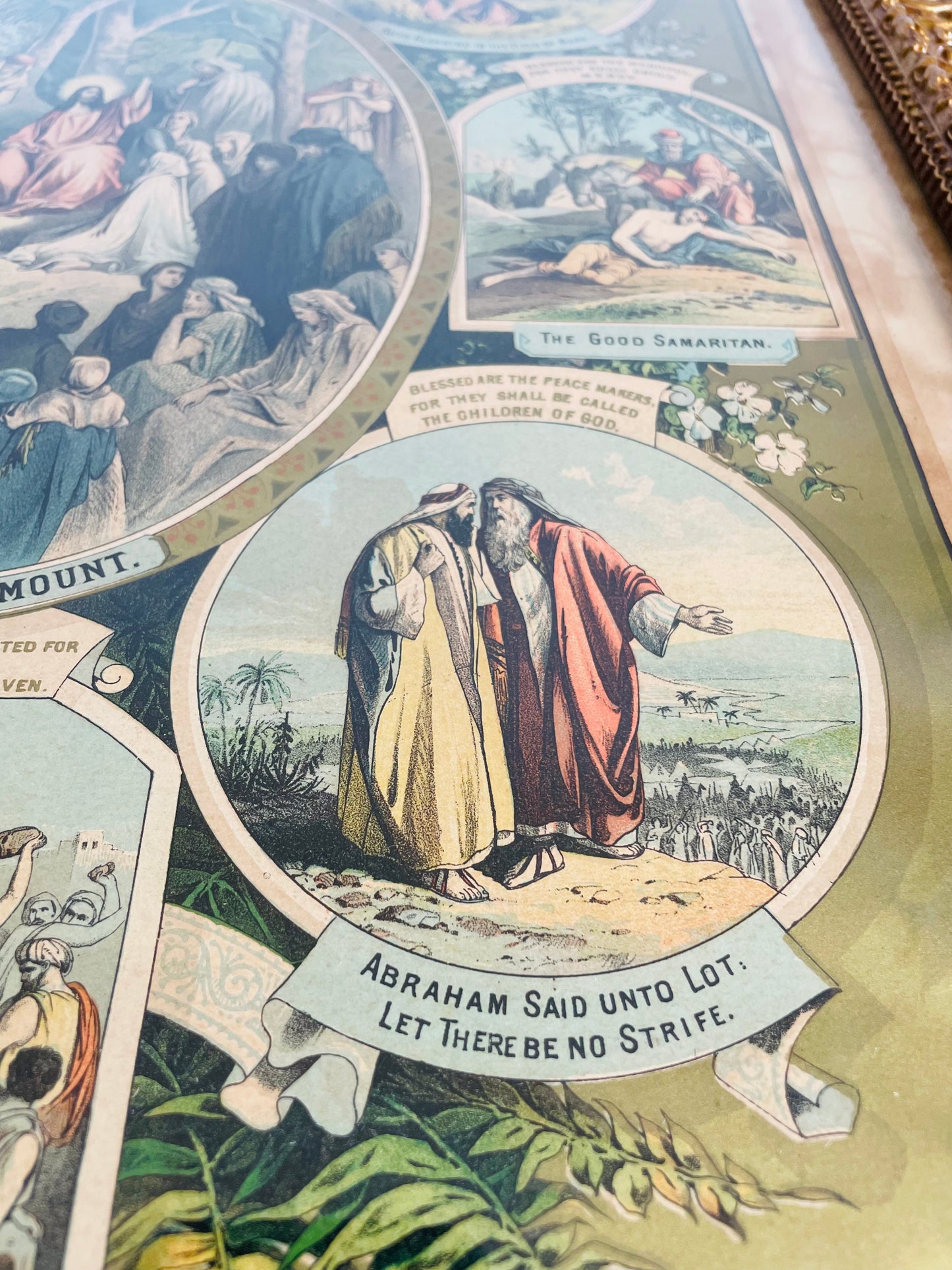 Antique 1800s The Beatitudes Chromolithograph with Bible Pictures Religious Print Picture by Martin Yauch (1882) - Found at Alberton Presbyterian Church - Once Owned by David Richardson from Ancaster, Ontario