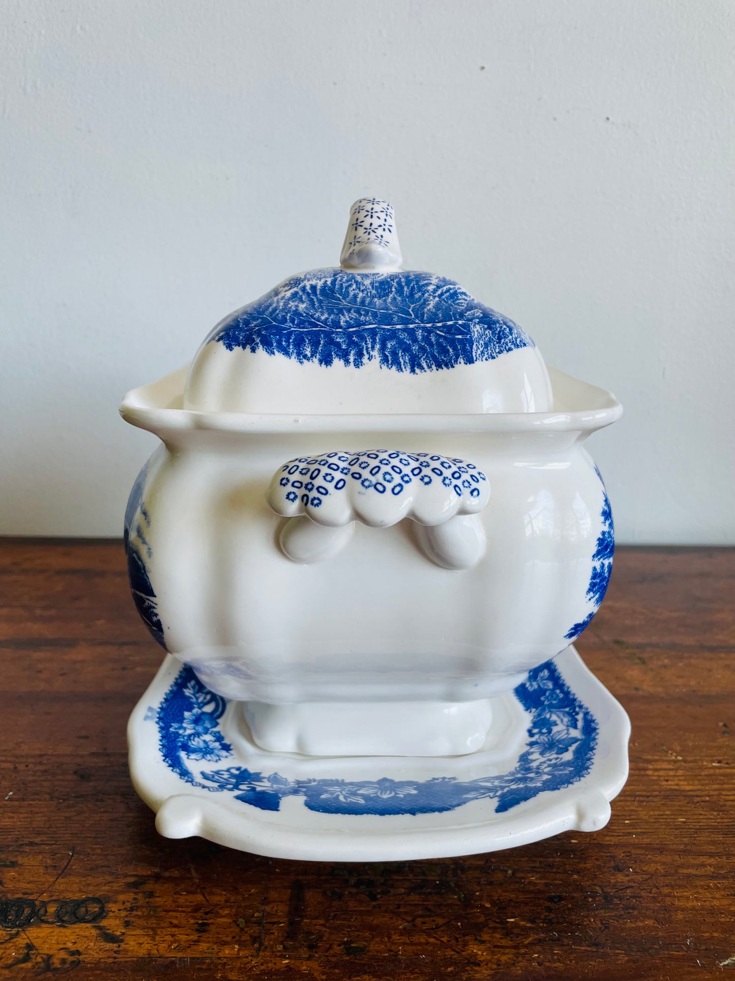 Vintage Large Blue & White Transferware Soup Tureen with Tray, Lid & Ladle with River Castle Scene - 4 Pieces