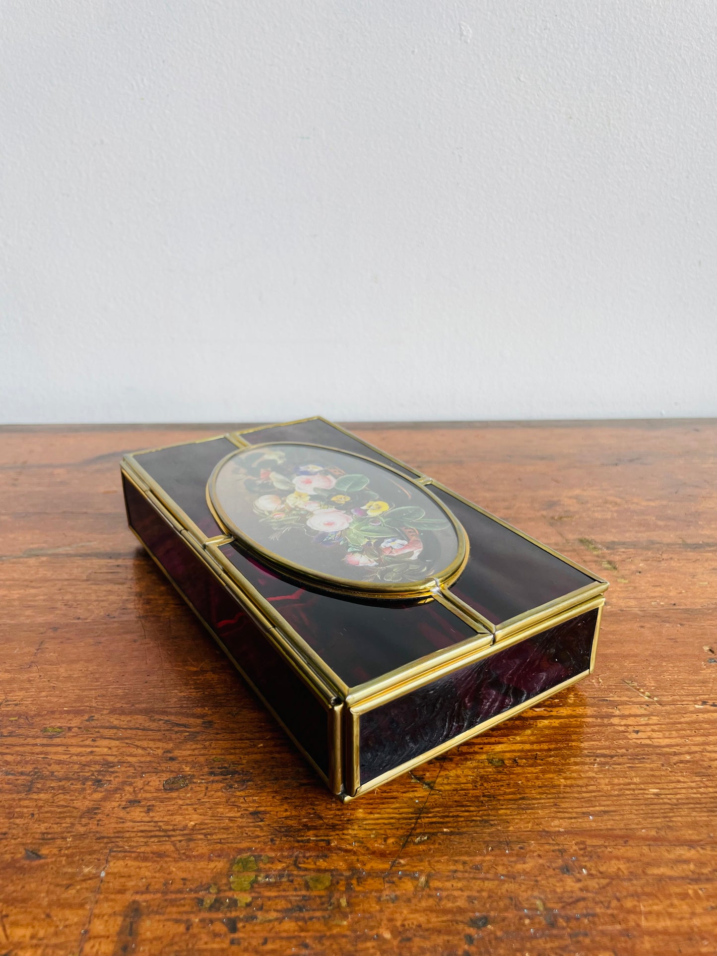 Enesco Corporation Purple Glass & Brass Divided Sectional Jewellery Box with Flower Lid - Made in Mexico
