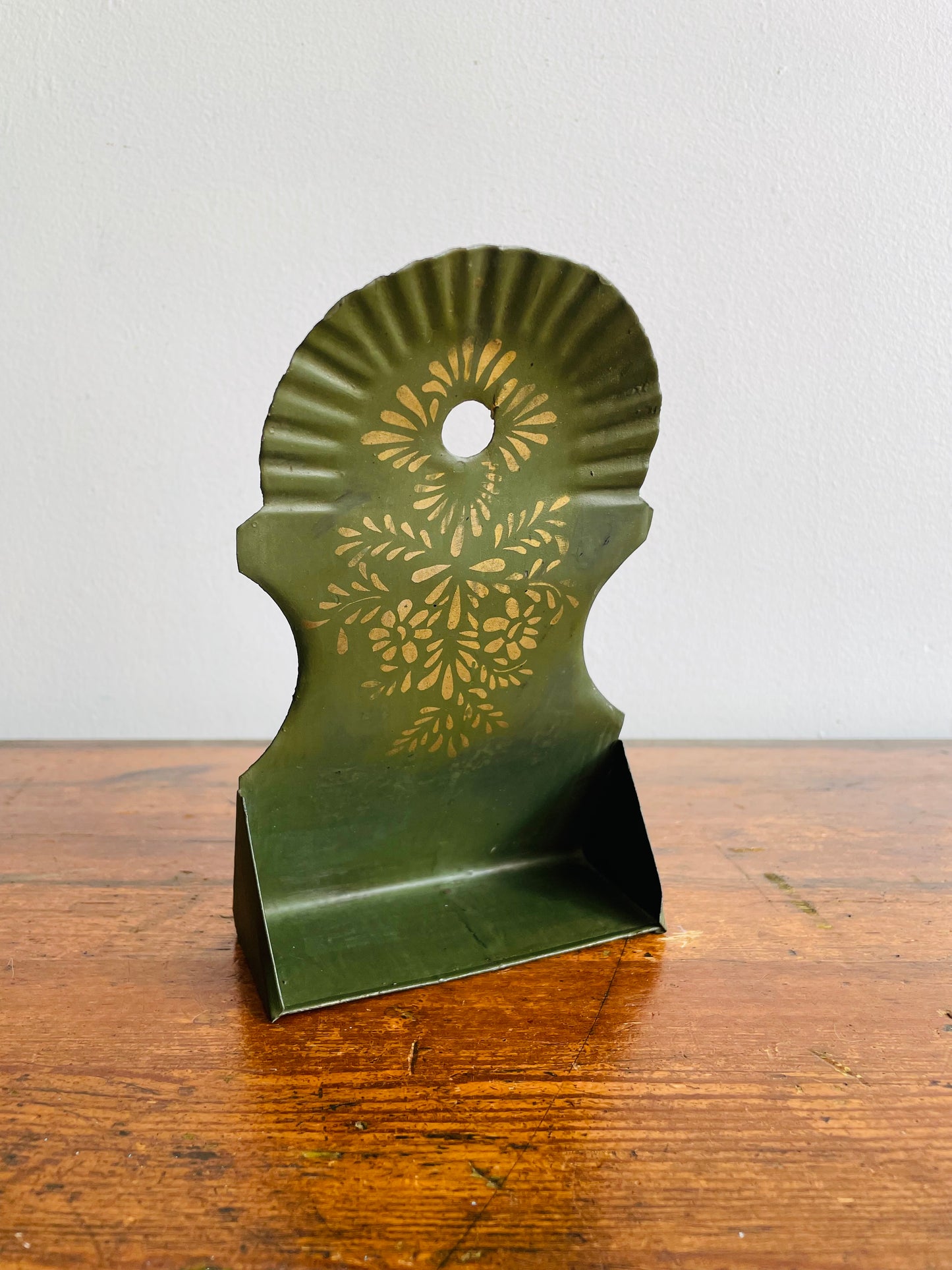 Antique 1880 Green Tin Toleware Match Safe - Wall Hanging Holder with Gold Flower Stencilled Design