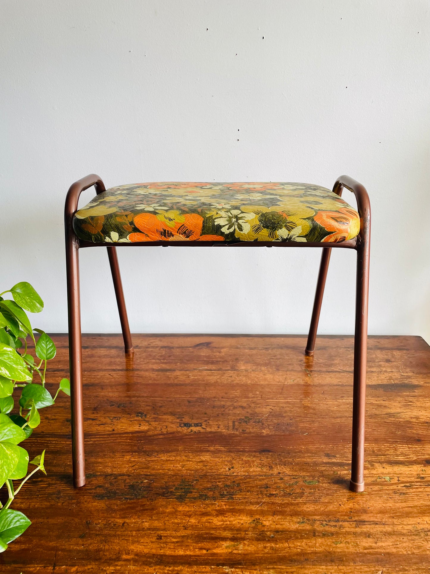 Vintage 1968 Perfect Chrome Furniture Co. Stackable Stool Chair with Vinyl Cushion - Groovy Green, Orange & Cream Flower Power Pattern - Made in Toronto