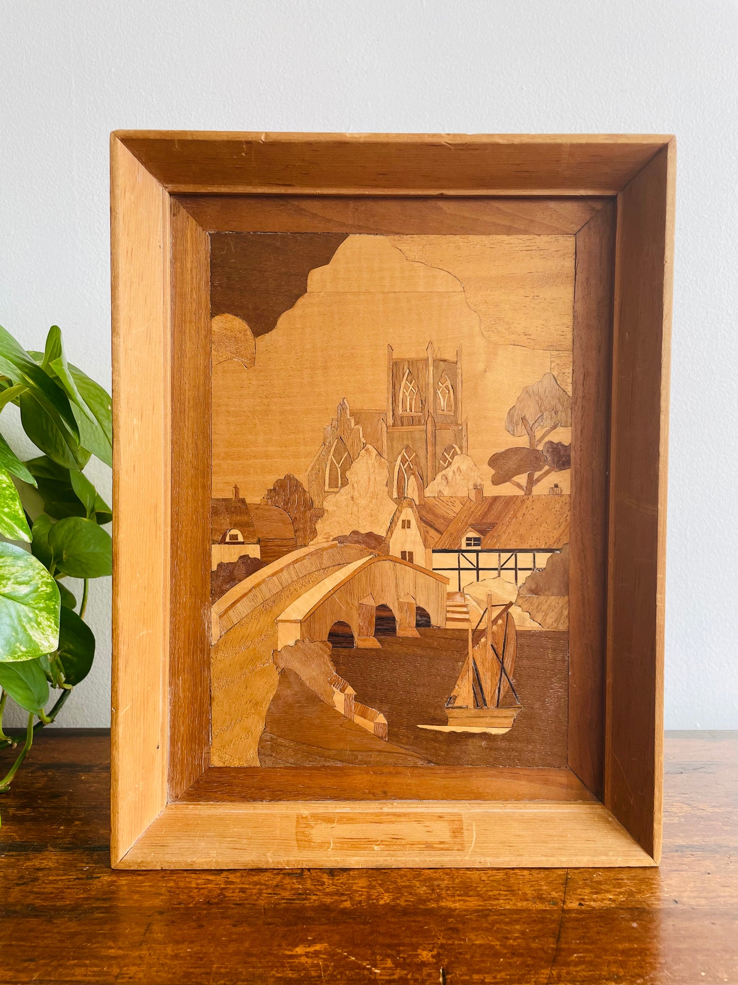 Handmade Framed Inlaid Wood Marquetry Picture - The Village Church by Harold Hurst