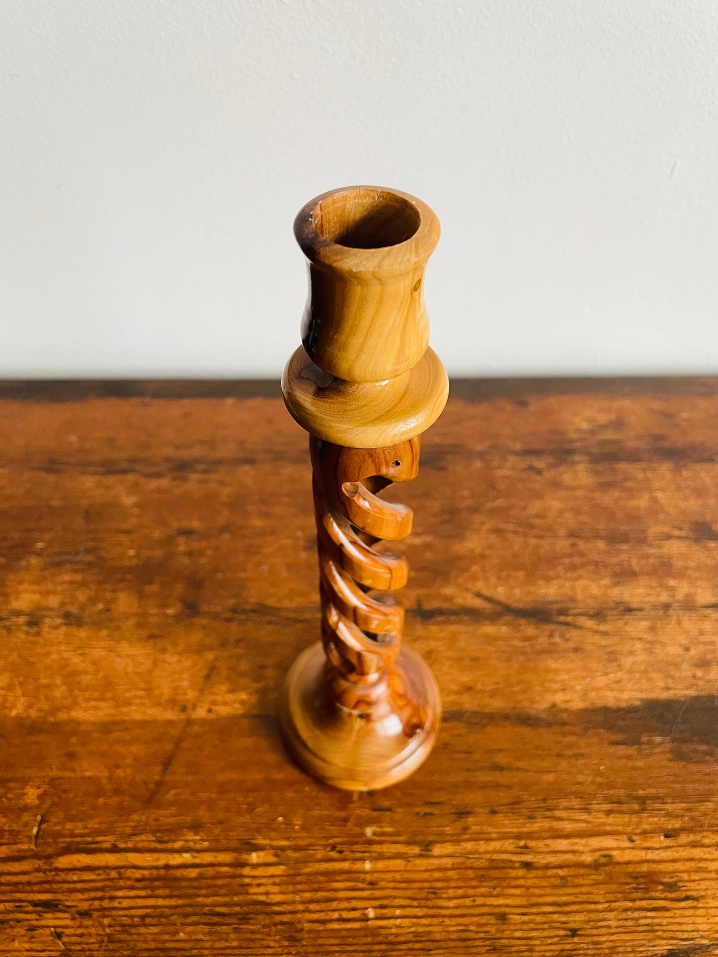 Olive Wood Twisted Spiral Candlestick Holder with Open Barley-Twist