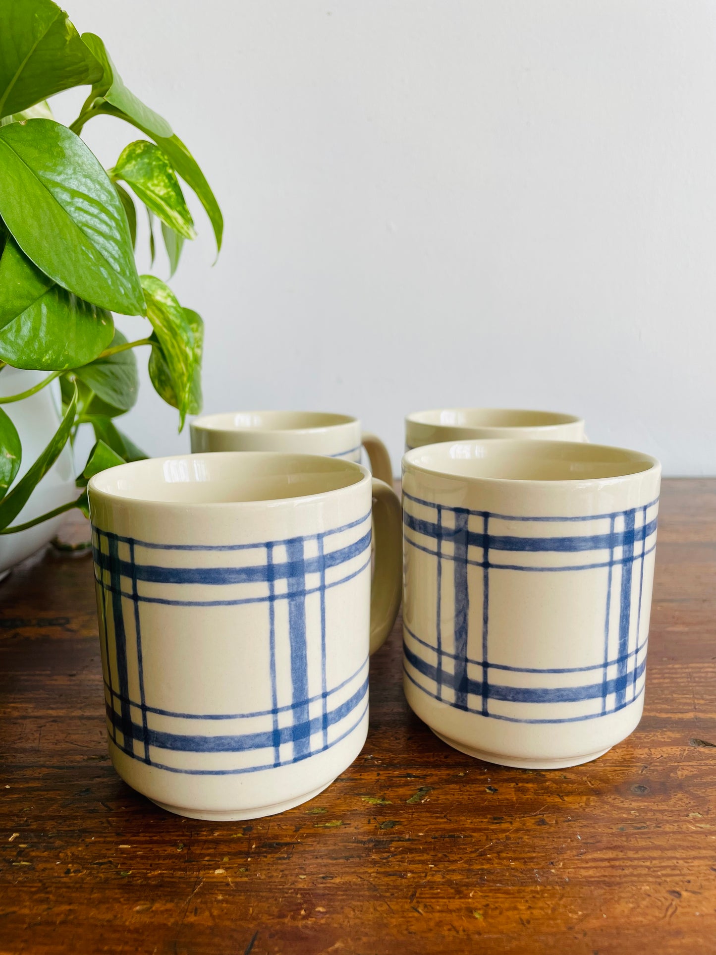 Eaton Home Blue Checkered Tartan Pattern Mugs - Set of 4 - # 1