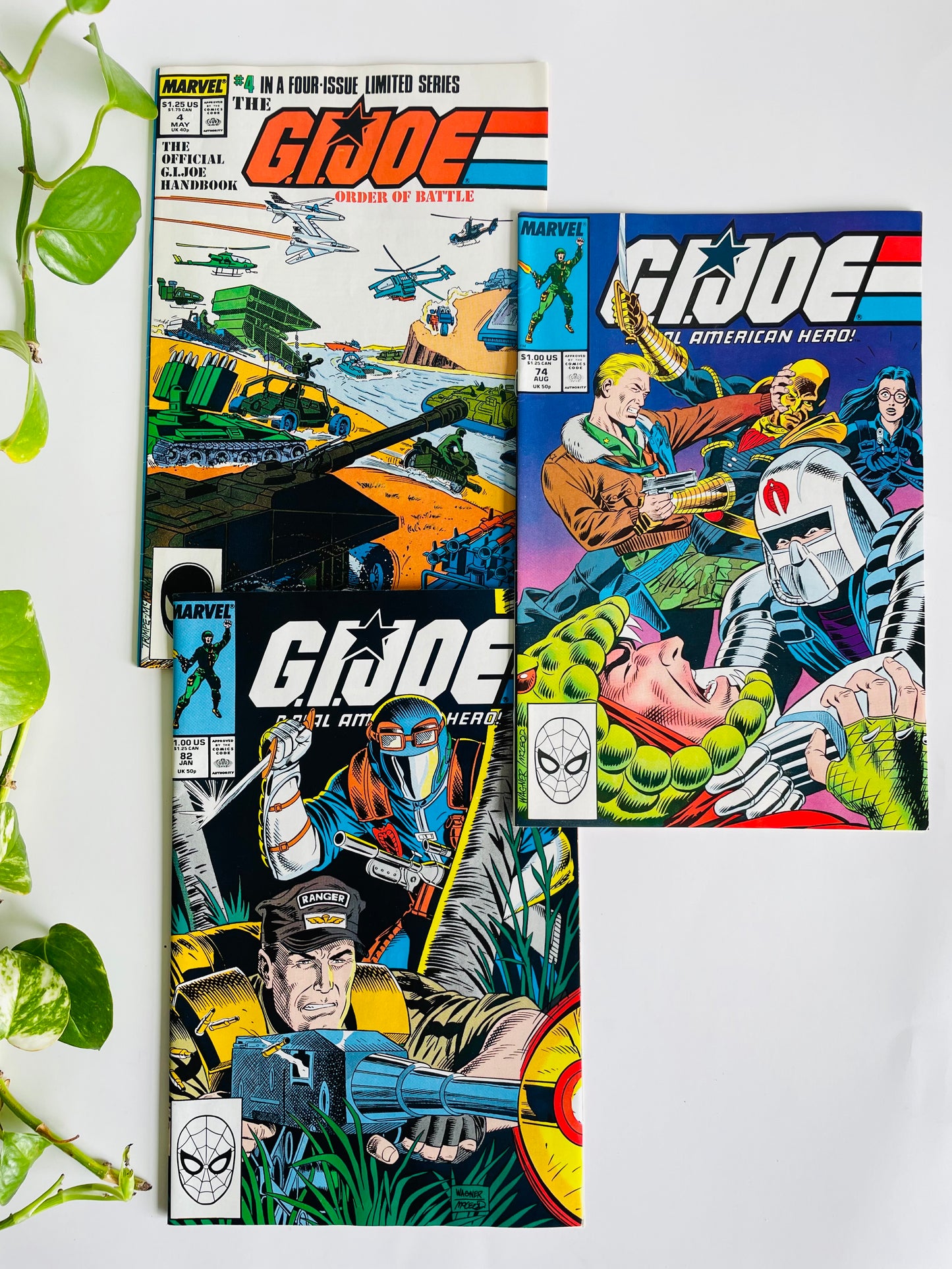 Vintage 1987, 1988, 1989 Marvel G.I. Joe Comic Book Bundle - Includes 3 Comics - Issue 4, Issue 74, Issue 82 - G.I. Joe Order of Battle The Official G.I. Joe Handbook