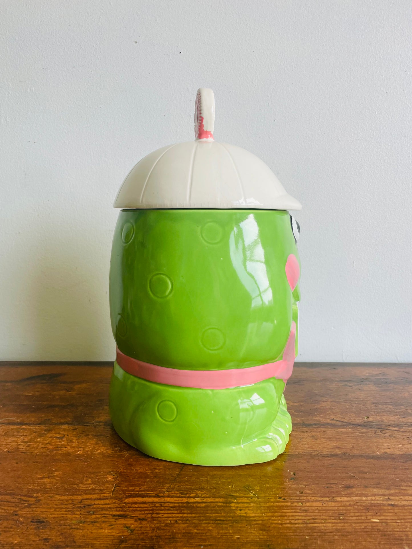 Adorable Bright Green & Pink Frog Cookie Jar - Made in Japan
