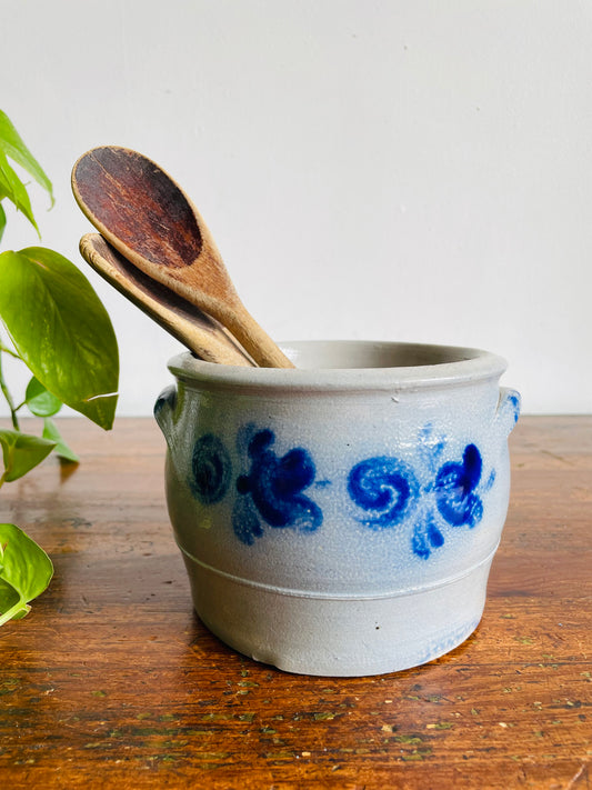 German Salt Glaze Pottery 1L Schmaltz Crock Jar with Blue Flower Design - Utensil Storage or Planter!