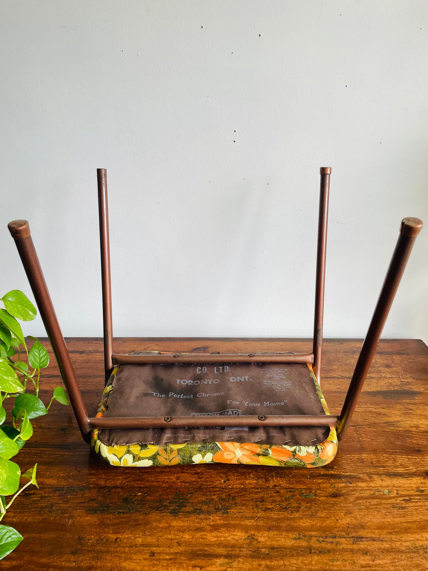 Vintage 1968 Perfect Chrome Furniture Co. Stackable Stool Chair with Vinyl Cushion - Groovy Green, Orange & Cream Flower Power Pattern - Made in Toronto