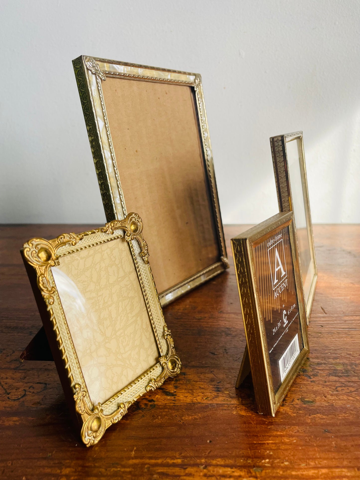 Vintage Collection of Brass Picture Frames with Easel Backs - Set of 4 - One Also Has Hook for Hanging